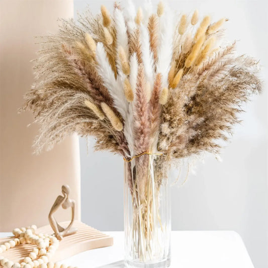 105 Peças de Flores Secas Naturais - Buquê Floral Pampas Boho - Decoração de Casa e Casamento - Rabo de Coelho, Grama e Junco - Doce Casa