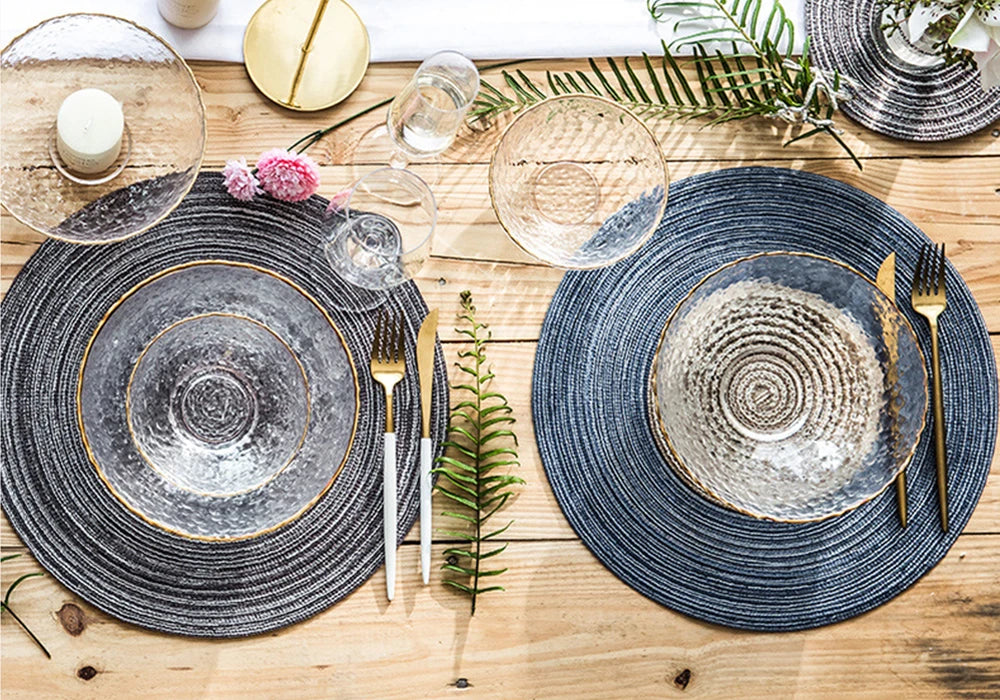 Conjunto de 4 Peças de Tapete de Mesa Redondo - Tecido Rami Antiderrapante para Jantar - Almofadas de Tigela, Copo e Utensílios de Mesa - Doce Casa