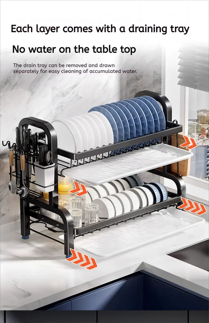 Escorredor de Pratos 2 Camadas - Novo Modelo 2024 - Compacto e à Prova de Ferrugem com Suporte para Utensílios - Doce Casa